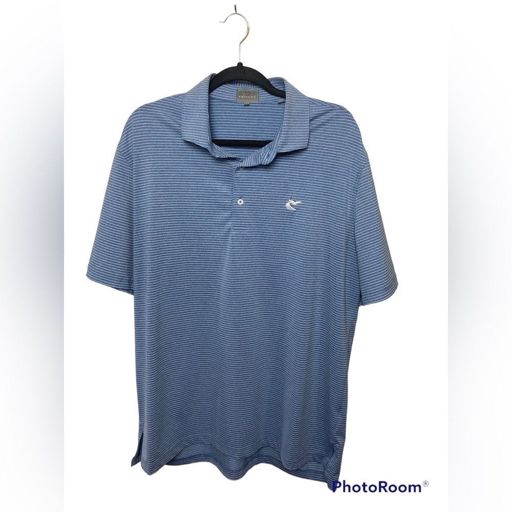Fennec blue striped short sleeve golf polo. Caves Valley. Large